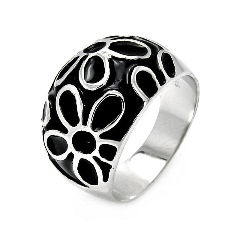 Closeout-Silver 925 Rhodium Plated Black Enamel Flower Ring - STR00042 | Silver Palace Inc.