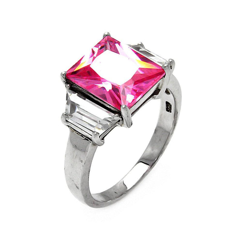 Silver 925 Rhodium Plated Pink Princess Cut CZ Ring - STR00047PNK | Silver Palace Inc.