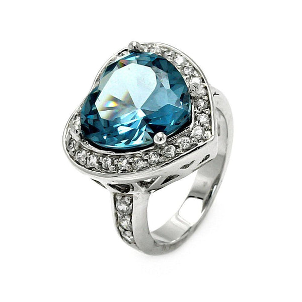 Closeout-Silver 925 Rhodium Plated Blue Heart Clear Cluster CZ Ring - STR00080 | Silver Palace Inc.
