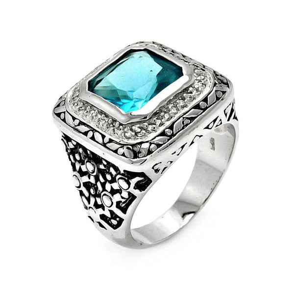 Closeout-Silver 925 Oxidized Rhodium Plated Blue Square CZ Ring - STR00102BLU | Silver Palace Inc.