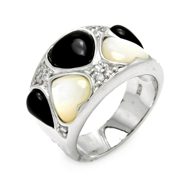 Closeout-Silver 925 Rhodium Plated Onyx Pearl Heart CZ Ring - STR00279 | Silver Palace Inc.