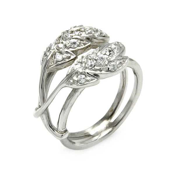 Closeout-Silver 925 Rhodium Plated CZ Double Leaf Ring - STR00282 | Silver Palace Inc.