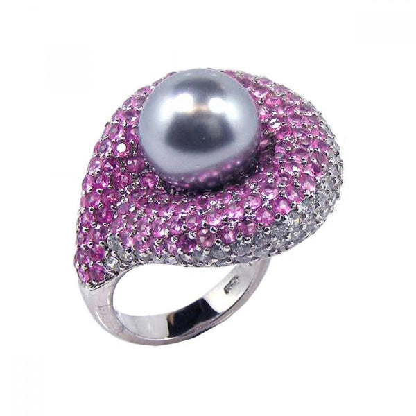 Closeout-Silver 925 Rhodium Plated Pearl Center Pink Cluster CZ Ring - STR00320 | Silver Palace Inc.
