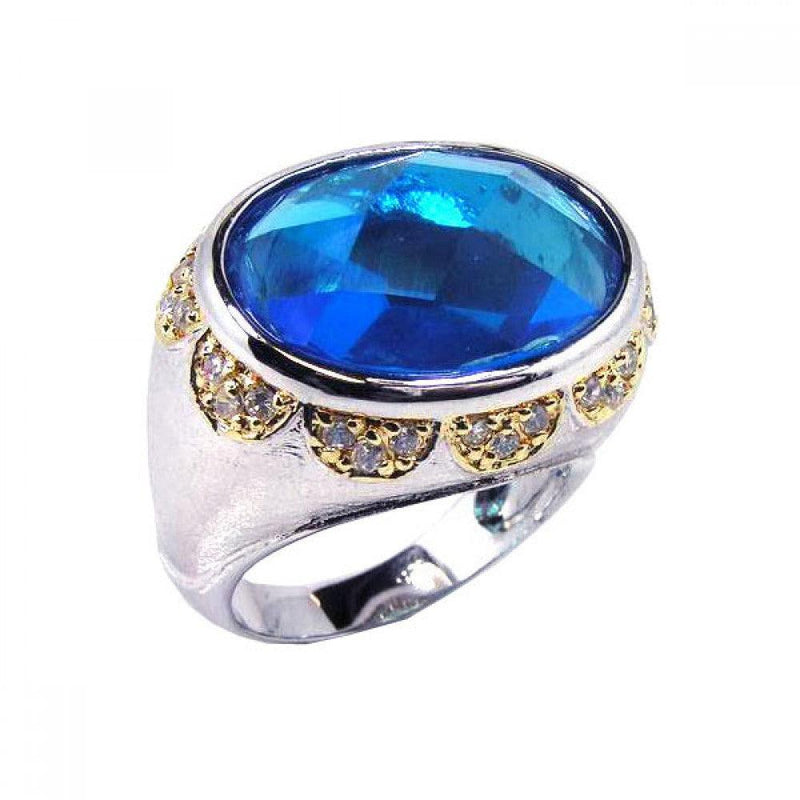 Closeout-Silver 925 Rhodium and Gold Plated Blue and Clear CZ Dome Ring - STR00323 | Silver Palace Inc.