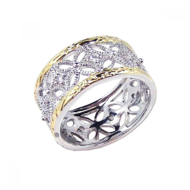 Silver 925 Rhodium and Gold Plated Border CZ Flower Ring - STR00330 | Silver Palace Inc.