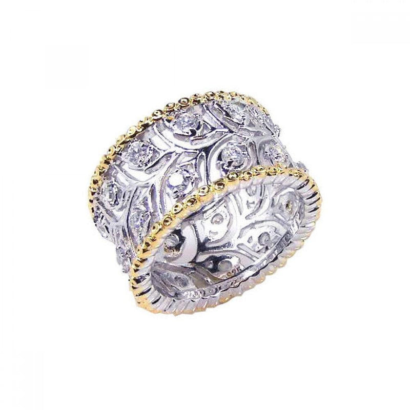 Closeout-Silver 925 Rhodium and Gold Plated Border CZ Flower Ring - STR00342 | Silver Palace Inc.