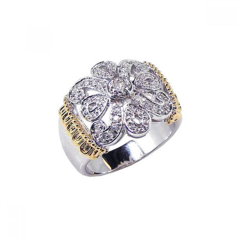 Closeout-Silver 925 Rhodium and Gold Plated CZ Flower Ring - STR00343 | Silver Palace Inc.