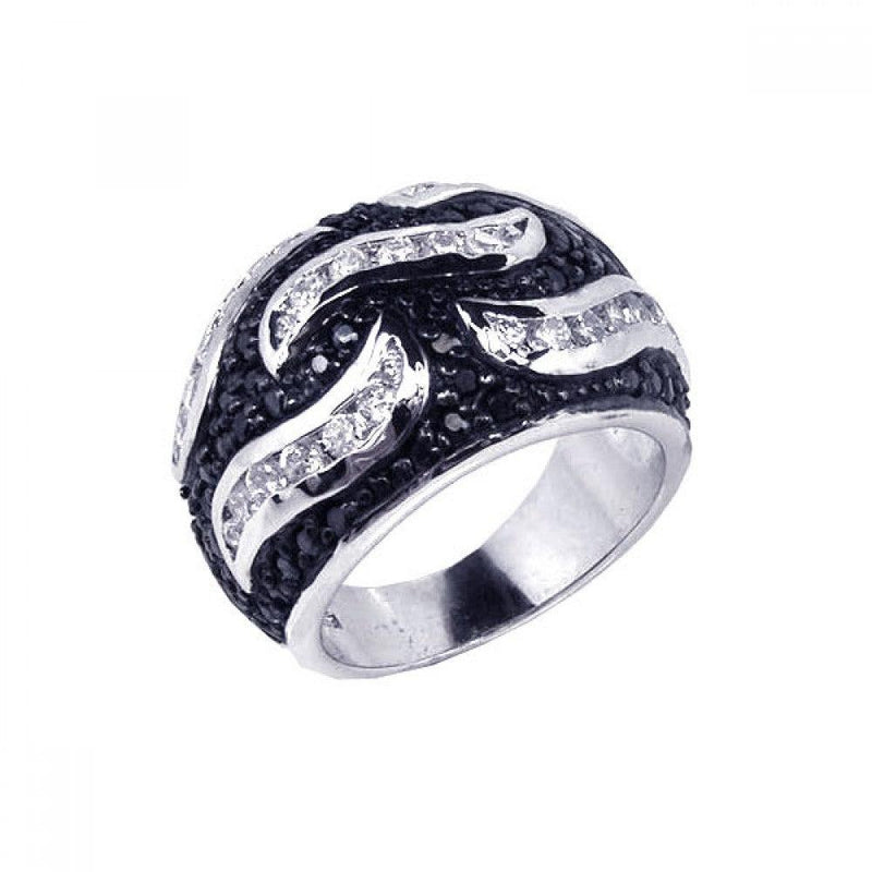 Closeout-Silver 925 Rhodium and Black Rhodium Plated Pave Set Black and Clear CZ Wave Ring - STR00354 | Silver Palace Inc.