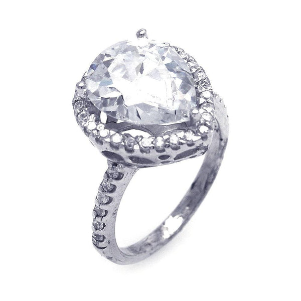Silver 925 Rhodium Plated Clear Pear Center and Cluster CZ Ring - STR00386CLR | Silver Palace Inc.
