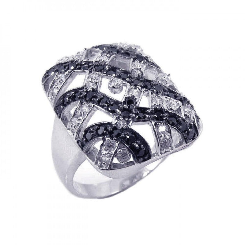 Closeout-Silver 925 Rhodium and Black Rhodium Plated Black and Clear CZ Square Button Ring - STR00459 | Silver Palace Inc.
