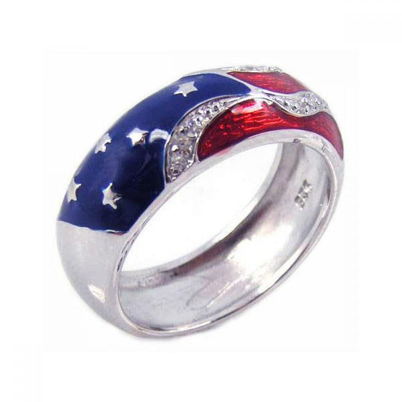 Silver Rhodium Plated Red, White, and Blue Enamel Pave Set CZ America Ring - STR00473 | Silver Palace Inc.