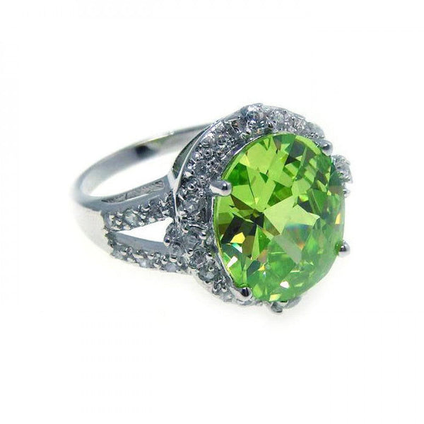 Silver 925 Rhodium Plated Round Green Center Clear Cluster CZ Ring - STR00484 | Silver Palace Inc.