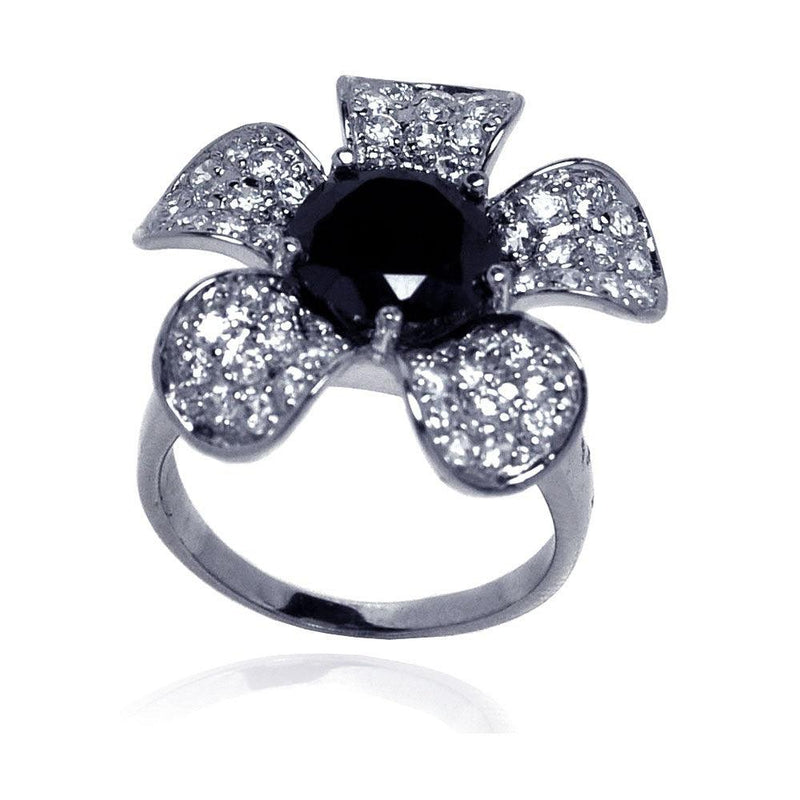 Closeout-Silver 925 Rhodium Plated Black Center Pave Set Clear CZ Flower Ring - STR00490 | Silver Palace Inc.