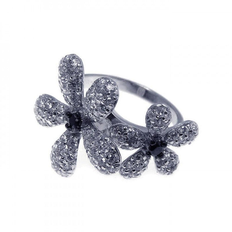 Closeout-Silver 925 Rhodium Plated Black and Pave Set Clear CZ Flower Ring - STR00495 | Silver Palace Inc.