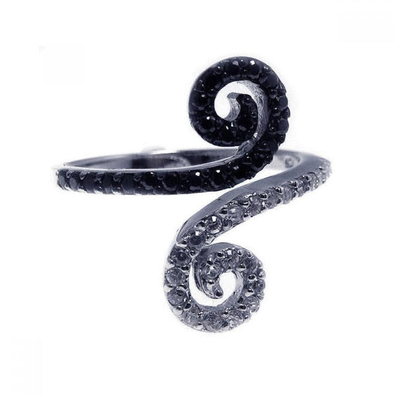 Closeout-Silver 925 Rhodium and Black Rhodium Plated Black and Clear CZ Double Curl Ring - STR00496 | Silver Palace Inc.