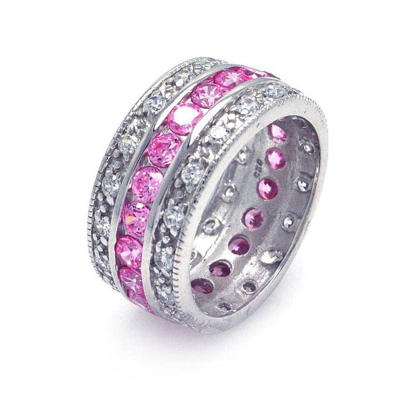 Silver 925 Rhodium Plated Clear and Pink CZ Channel Eternity Ring - STR00508PNK | Silver Palace Inc.