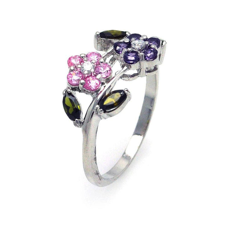 Silver 925 Rhodium Plated Multi Colored CZ Flower Ring - STR00509 | Silver Palace Inc.
