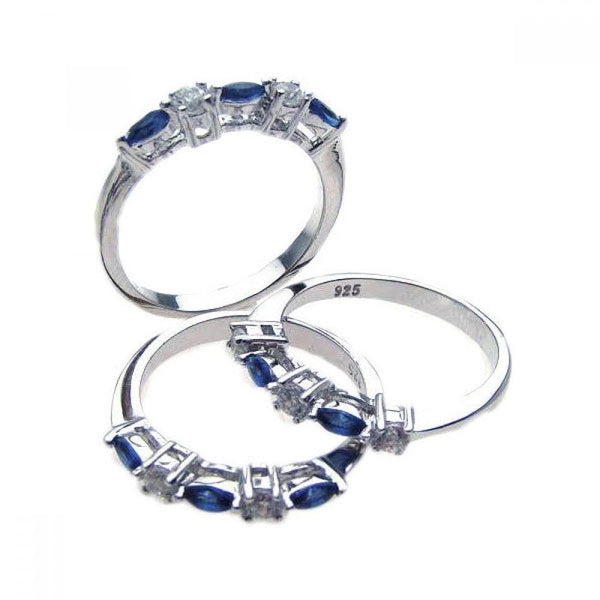 Silver 925 Rhodium Plated Blue and Clear CZ Ring Set - STR00510 | Silver Palace Inc.