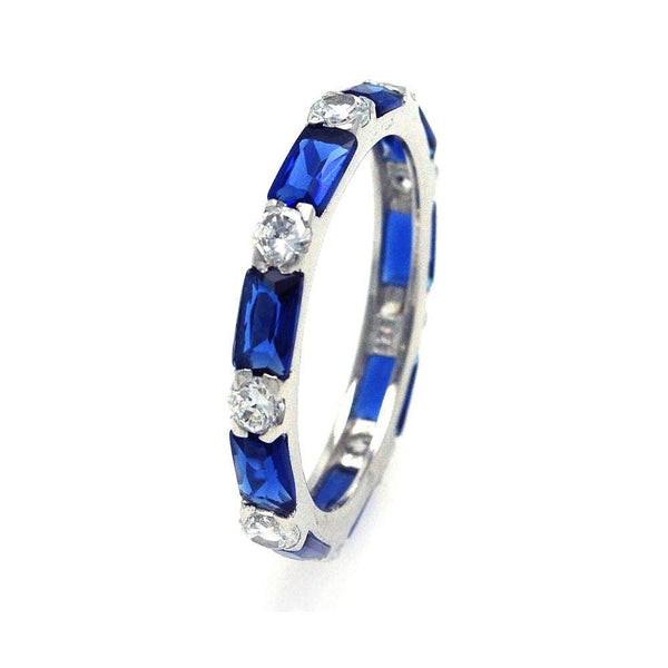 Silver 925 Rhodium Plated Blue Baguette Clear CZ Eternity Ring - STR00516BLU | Silver Palace Inc.