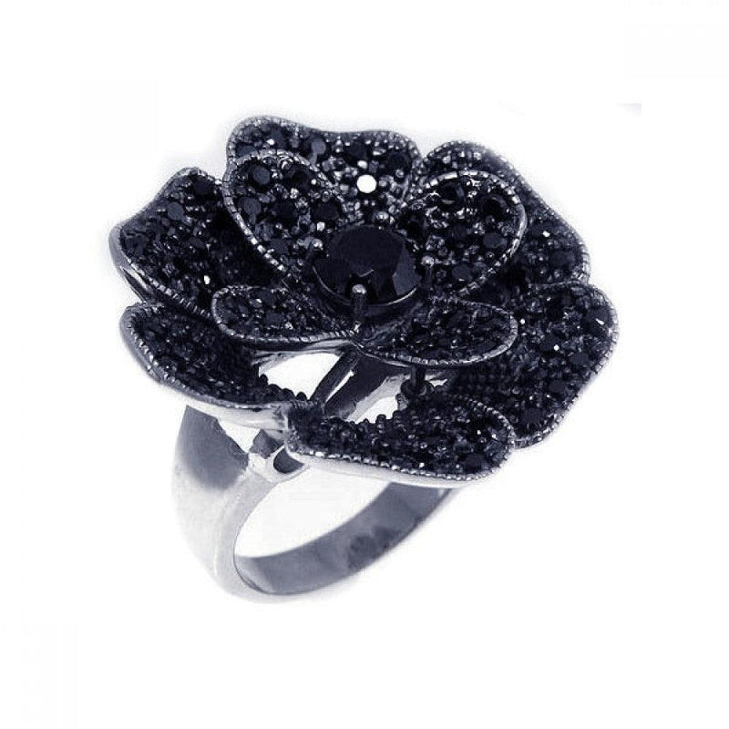 Closeout-Silver 925 Rhodium and Black Rhodium Plated Black Pave Set CZ Flower Ring - STR00521BLK | Silver Palace Inc.