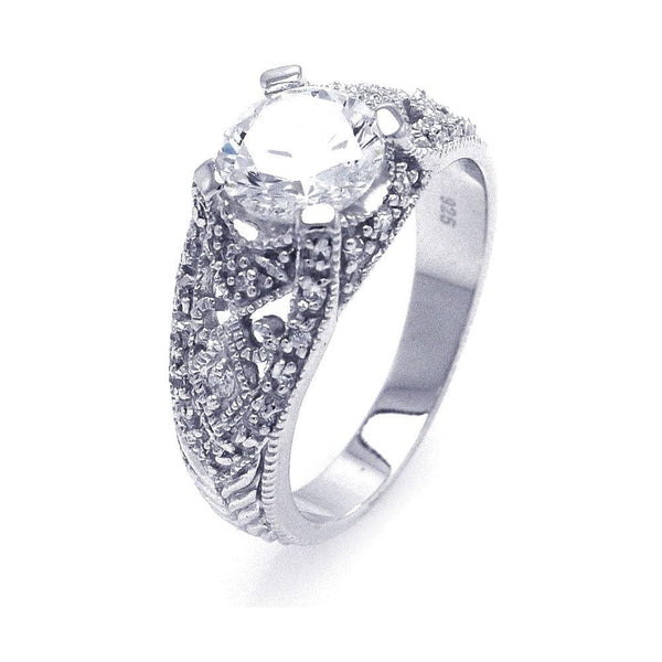 Silver 925 Rhodium Plated Round Center CZ Antique Ring - STR00525 | Silver Palace Inc.