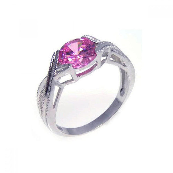 Silver 925 Rhodium Plated Round Pink Center CZ Solitaire Ring - STR00533 | Silver Palace Inc.