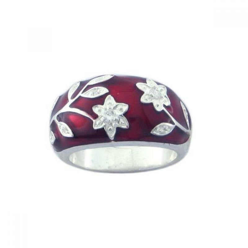 Silver 925 Rhodium Plated Red Enamel CZ Flower Ring - STR00545 | Silver Palace Inc.