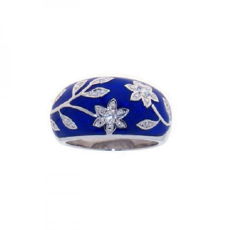 Silver 925 Rhodium Plated Blue Enamel CZ Flower Ring - STR00607 | Silver Palace Inc.