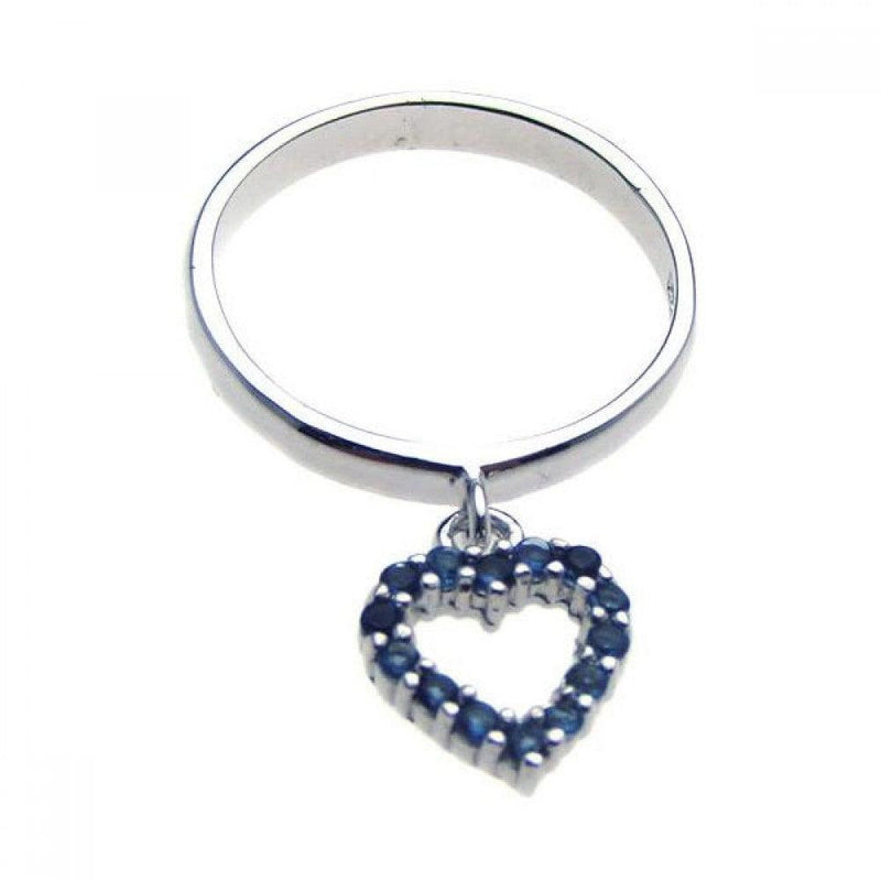 Silver 925 Rhodium Plated Hanging Blue CZ Heart Ring - STR00610 | Silver Palace Inc.