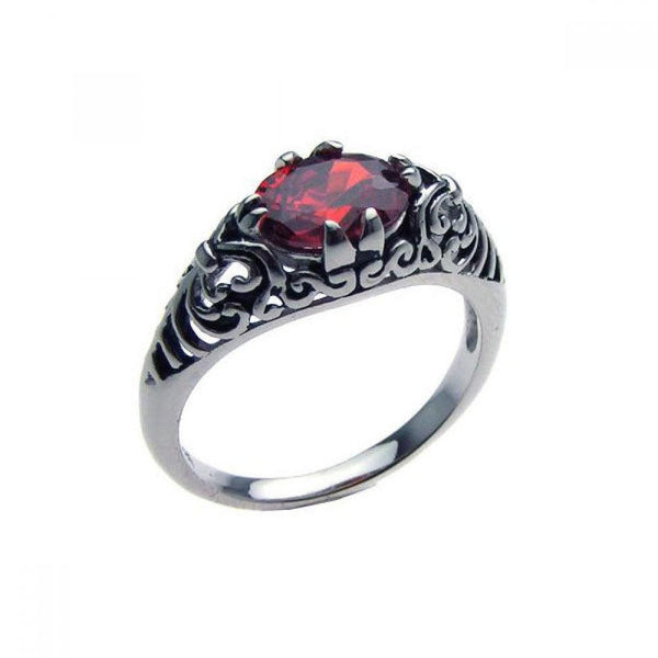 Silver 925 Oxidized Rhodium Plated Red CZ Antique Ring - STR00611 | Silver Palace Inc.