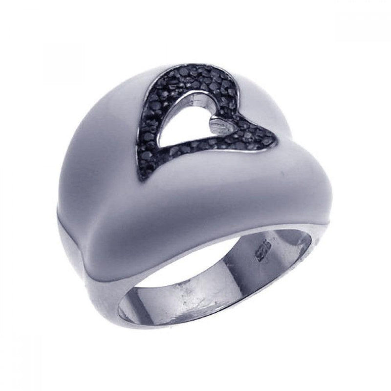 Closeout-Silver 925 Rhodium and Black Rhodium Plated White Enamel Pave Set Black CZ Heart Ring - STR00618 | Silver Palace Inc.