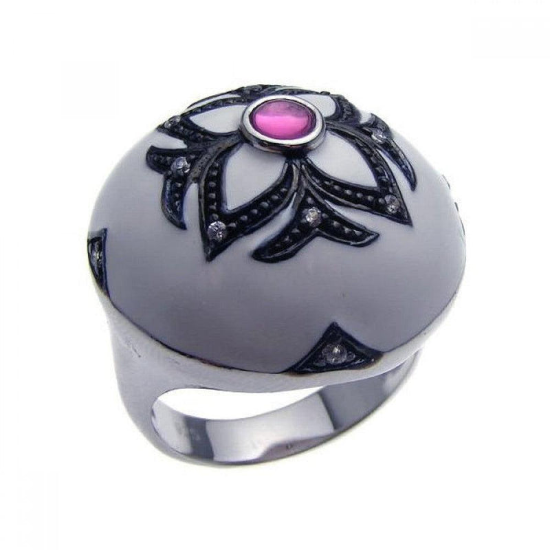 Closeout-Silver 925 Rhodium and Black Rhodium Plated White Enamel Purple Center Clear and Black CZ Flower Dome Ring - STR00620 | Silver Palace Inc.
