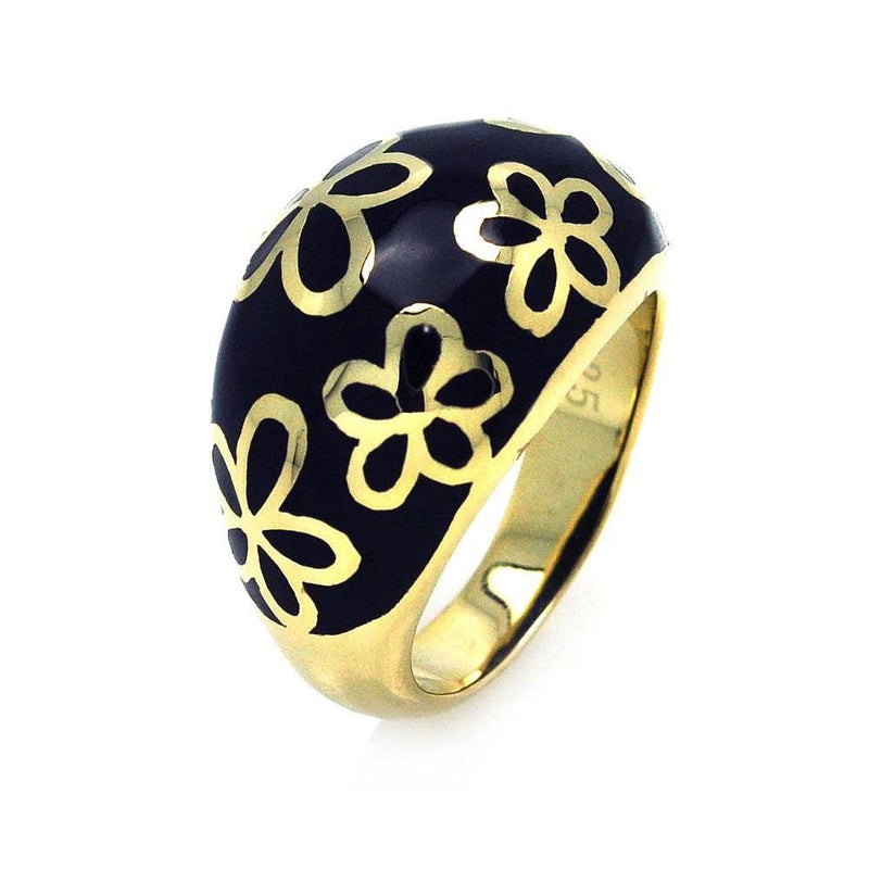 Closeout-Silver 925 Gold Plated Black Enamel Flower Dome Ring - STR00663 | Silver Palace Inc.
