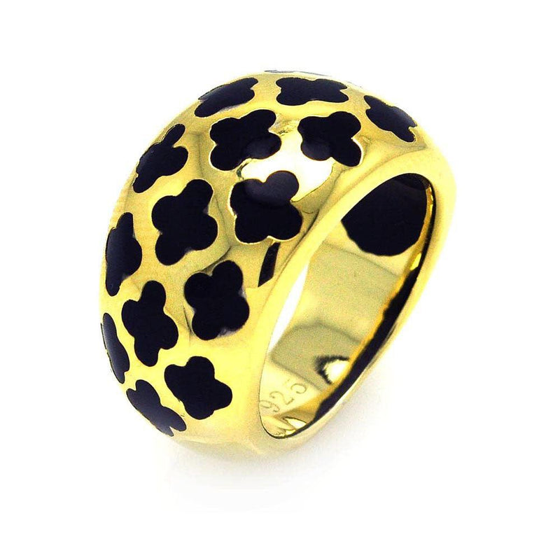 Closeout-Sterling Silver Gold Plated Black Enamel Clover Ring - STR00665 | Silver Palace Inc.