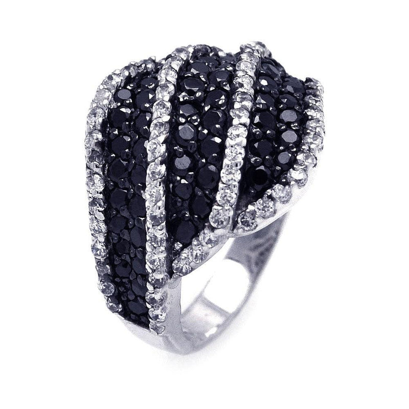 Silver 925 Rhodium and Black Rhodium Plated Pave Set Black and Clear CZ Stripe Ring - STR00675 | Silver Palace Inc.