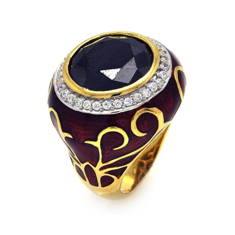 Closeout-Silver 925 Rhodium and Gold Plated Red Enamel Black Center and Clear Cluster CZ Victorian Ring - STR00677 | Silver Palace Inc.