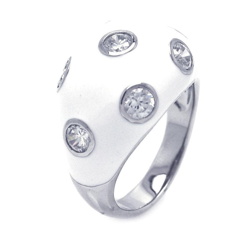 Closeout-Silver 925 Rhodium Plated White Enamel CZ Dot Dome Ring - STR00681 | Silver Palace Inc.