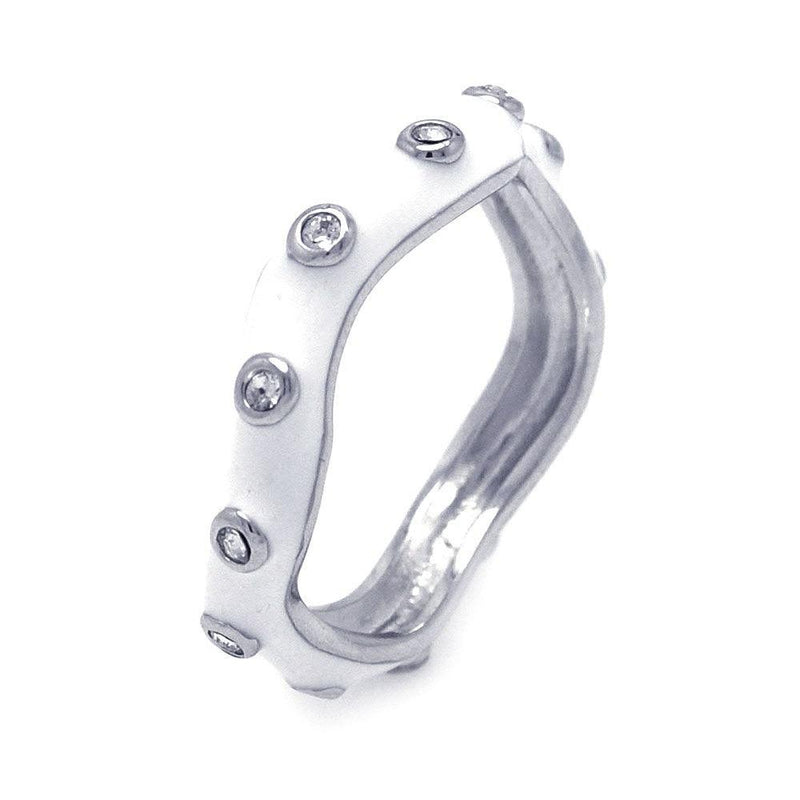 Closeout-Silver 925 Rhodium Plated White Enamel CZ Wavy Ring - STR00686 | Silver Palace Inc.