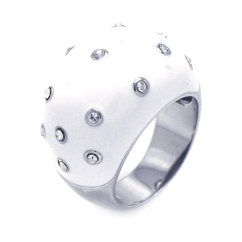 Closeout-Silver 925 Rhodium Plated White Enamel CZ Dotted Dome Ring - STR00688 | Silver Palace Inc.