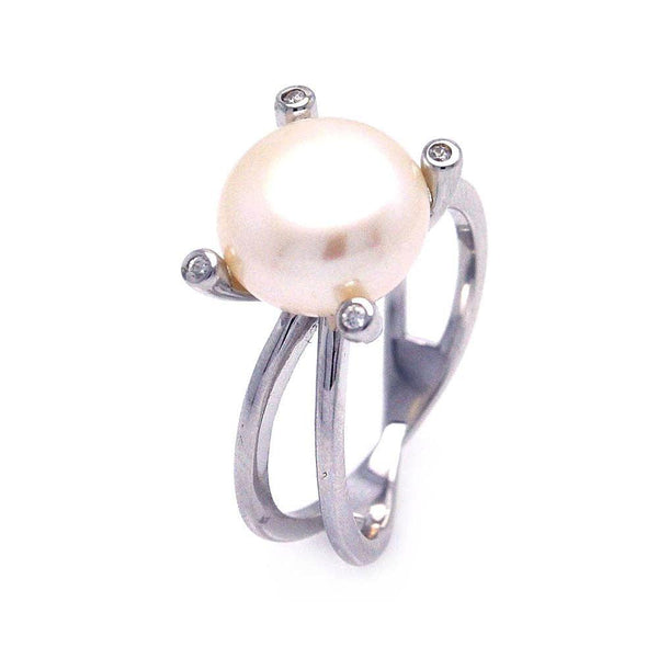 Silver 925 Rhodium Plated Pearl Center CZ Ring - STR00693 | Silver Palace Inc.