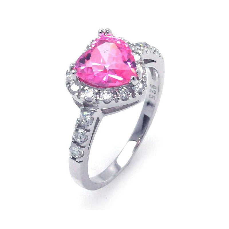 Silver 925 Rhodium Plated Pink and Clear Cluster CZ Heart Ring - STR00698PNK | Silver Palace Inc.