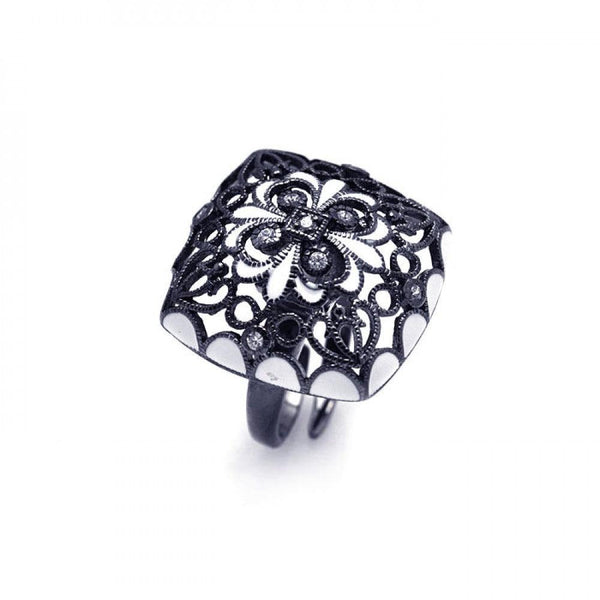 Closeout-Silver 925 Black Rhodium Plated Clear CZ Flower Ring - STR00700 | Silver Palace Inc.