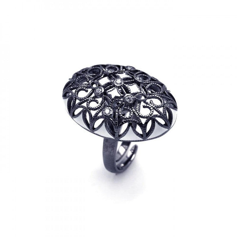 Closeout-Silver 925 Black Rhodium Plated Clear CZ Oval Flower Ring - STR00701 | Silver Palace Inc.