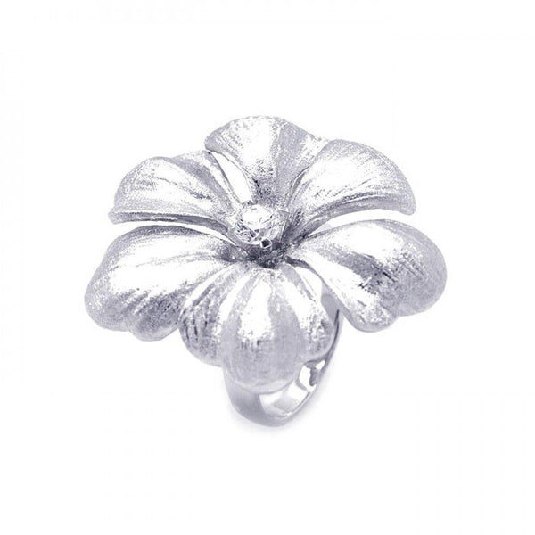 Silver 925 Rhodium Plated Matte Finish Single CZ Flower Ring - STR00820 | Silver Palace Inc.