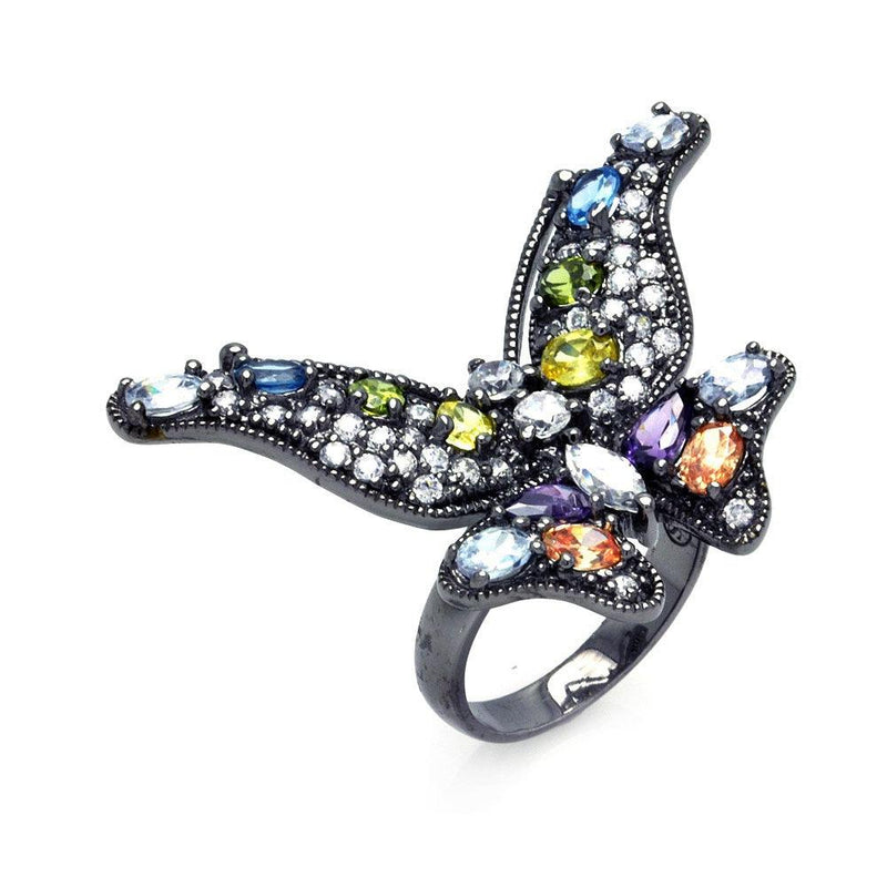 Closeout-Silver 925 Black Rhodium Plated Multi Colored CZ Butterfly Ring - STR00845 | Silver Palace Inc.