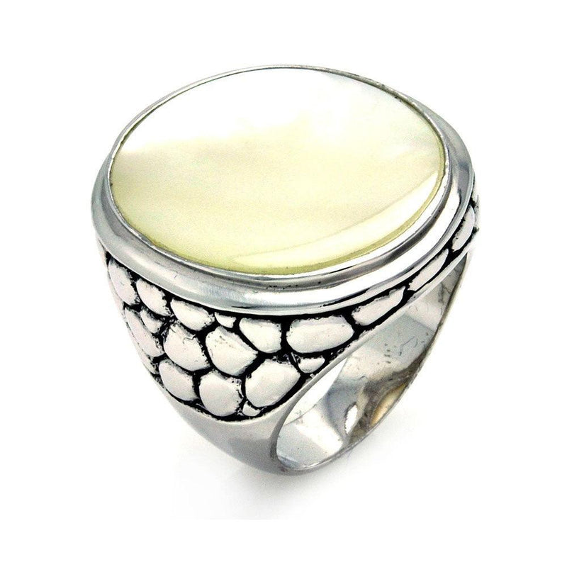 Closeout-Silver 925 Oxidized Rhodium Plated White Mother of Pearl Stone Cigar Band Ring - STR00848 | Silver Palace Inc.