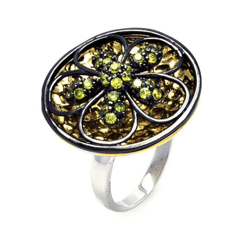 Closeout-Silver 925 Rhodium Black Rhodium and Gold Plated Black and Yellow CZ Flower Disc Ring - STR00862 | Silver Palace Inc.