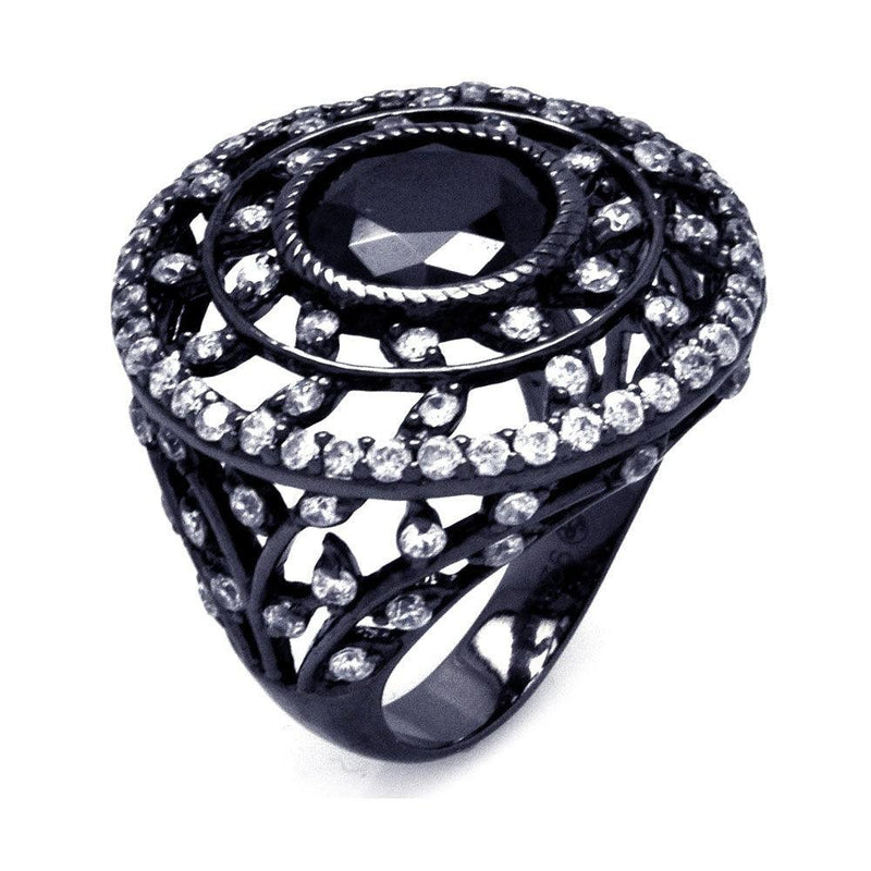 Closeout-Silver 925 Black Rhodium Plated Black Center and Clear CZ Round Ring - STR00863 | Silver Palace Inc.