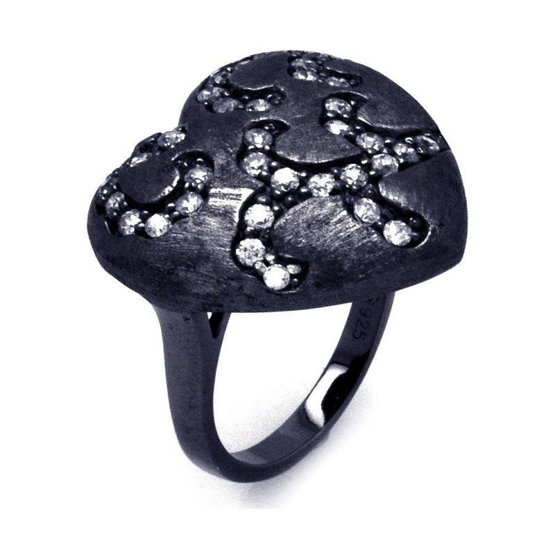 Closeout-Silver 925 Black Rhodium Plated Matte Finish Clear CZ Heart Ring - STR00865 | Silver Palace Inc.