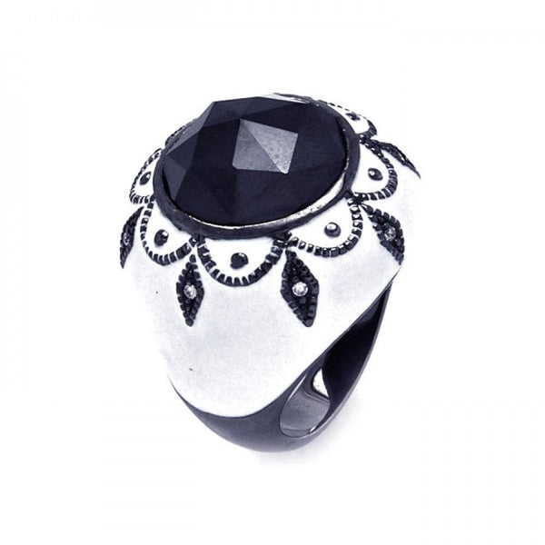 Closeout-Silver 925 Black Rhodium Plated White Enamel Black Center Clear CZ Cigar Band Dome Ring - STR00869 | Silver Palace Inc.